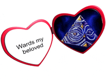 a red heart shaped mirror with the words " wards my beloved " on it