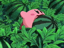 a pink cartoon character is holding a watermelon in a plant