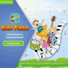 an advertisement for kids piano shows children on a piano keyboard