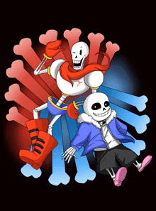 a cartoon drawing of papyrus and sans with bones behind them