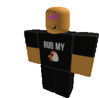 a roblox character wearing a black shirt that says rub my on it