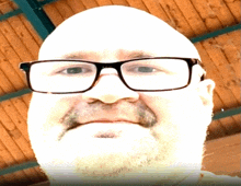 a bald man wearing glasses and a beard looks at the camera