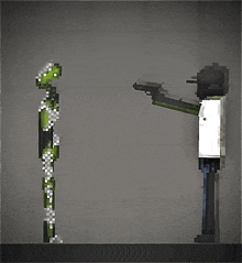 a pixel art of a man holding a gun and a zombie