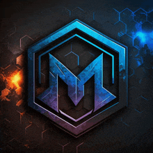 a blue and purple logo with the letter m in the middle