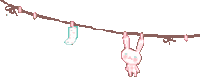 a bunny is hanging on a clothes line with socks hanging from it .