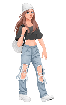 a cartoon of a girl wearing ripped jeans and a hat