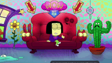 a cartoon character sits on a red couch with a wow sign above it