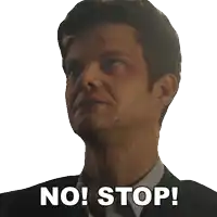 a man in a suit says no stop in front of a white background
