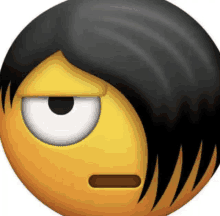 a yellow smiley face with black hair and a white eye is making a funny face .