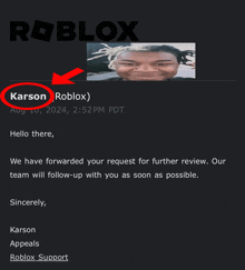 a screenshot of a roblox page with a red circle around karson roblox