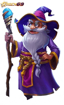 an illustration of a wizard with a beard and glasses holding a cane