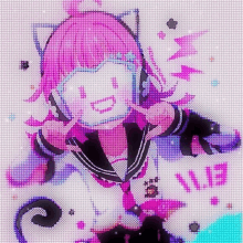 a cross stitch drawing of a girl with a cat ear and headphones with the letter e on the bottom