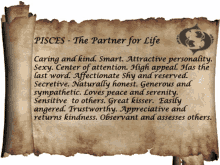 a piece of paper with a zodiac sign on it that says pisces the partner for life