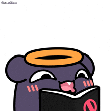 a cartoon drawing of a purple monster with an angel ring on its head reading a book