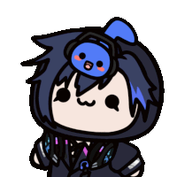 a drawing of a person with a blue penguin on their head