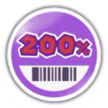 a purple circle with the words `` 200 % '' and a barcode in the middle .