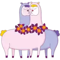 a couple of llamas kissing with purple flowers on their necks