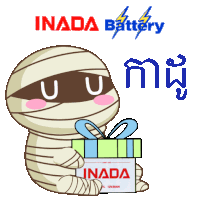 a cartoon of a mummy holding a box that says inada