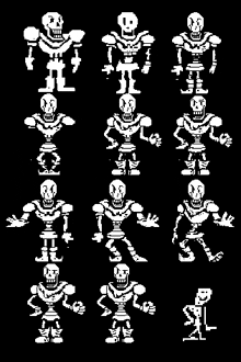 a set of pixel art skeletons in different poses on a black background .