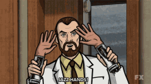 a cartoon of a man holding a pair of gloves with the caption jazz hands