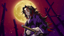 a purple and black anime character holding a sword with a full moon in the background