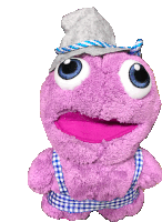 a purple stuffed animal with a hat and overalls on