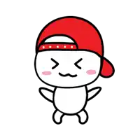 a cartoon character is wearing a red hat and making a sad face .