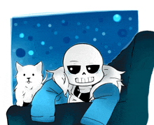 a drawing of a skeleton sitting on a couch with a white dog