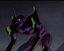 a purple robot with green wings and a red eye