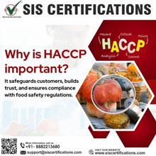 an advertisement for sis certifications explaining why is haccp important