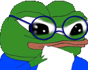 a green frog wearing glasses and a blue shirt is holding a piece of paper in its mouth .