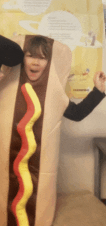 a person dressed in a hot dog costume with mustard on it