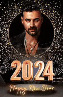 a happy new year greeting card with a picture of a man and the year 2024 .