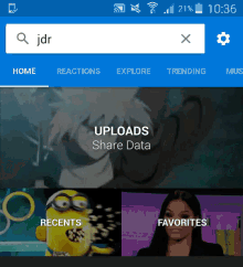 a phone screen shows a search for jdr on the home page