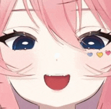 a close up of a pink haired anime girl 's face with hearts on her cheeks .