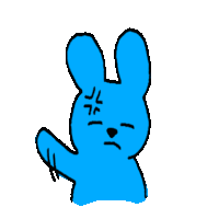 a drawing of a blue rabbit with an angry expression on its face