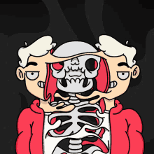 a cartoon drawing of a man holding a skeleton with his eyes closed