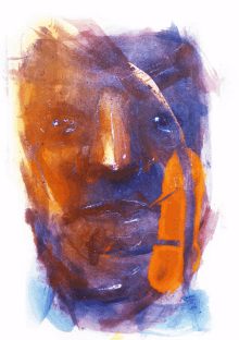 a painting of a man 's face with a blue and orange stripe