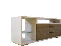 a dresser with two drawers and a glass shelf