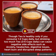 three cups of tea on a plate with knowledge central written on the top