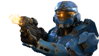 a man in a blue armor holding a gun