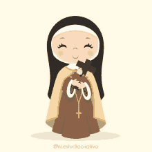 an illustration of a nun holding a cross and a rosary