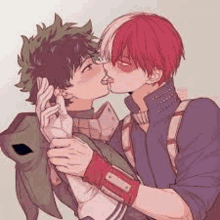 two anime characters , deku and todoroki , are kissing each other .