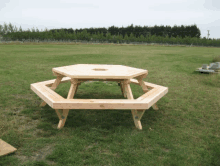 a wooden picnic table with a hole in the middle