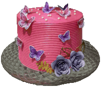 a pink cake with purple butterflies and flowers