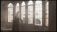 a woman in a medieval dress stands in front of a row of windows