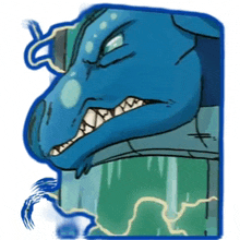 a cartoon drawing of a blue dragon with a lightning bolt behind it