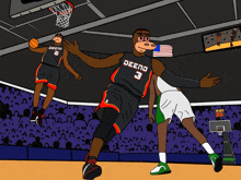 a cartoon drawing of a basketball game with deeno players