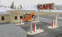 a car is hanging over a gas pump in front of a cafe sign