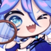 a cartoon girl with blue hair is holding a magnifying glass in her hand .